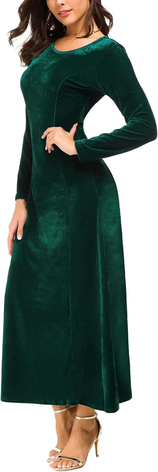 Urban CoCo Women's Elegant Long Sleeve Ruched Velvet Stretchy Long Dress