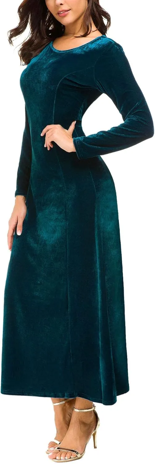 Urban CoCo Women's Elegant Long Sleeve Ruched Velvet Stretchy Long Dress