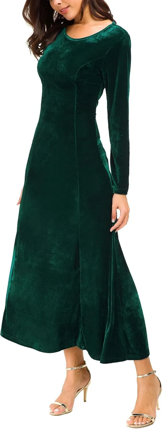 Urban CoCo Women's Elegant Long Sleeve Ruched Velvet Stretchy Long Dress