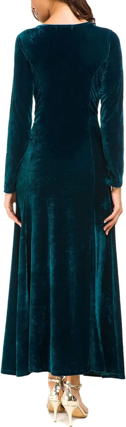 Urban CoCo Women's Elegant Long Sleeve Ruched Velvet Stretchy Long Dress