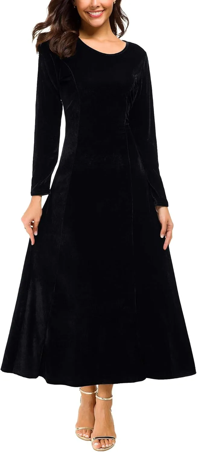 Urban CoCo Women's Elegant Long Sleeve Ruched Velvet Stretchy Long Dress