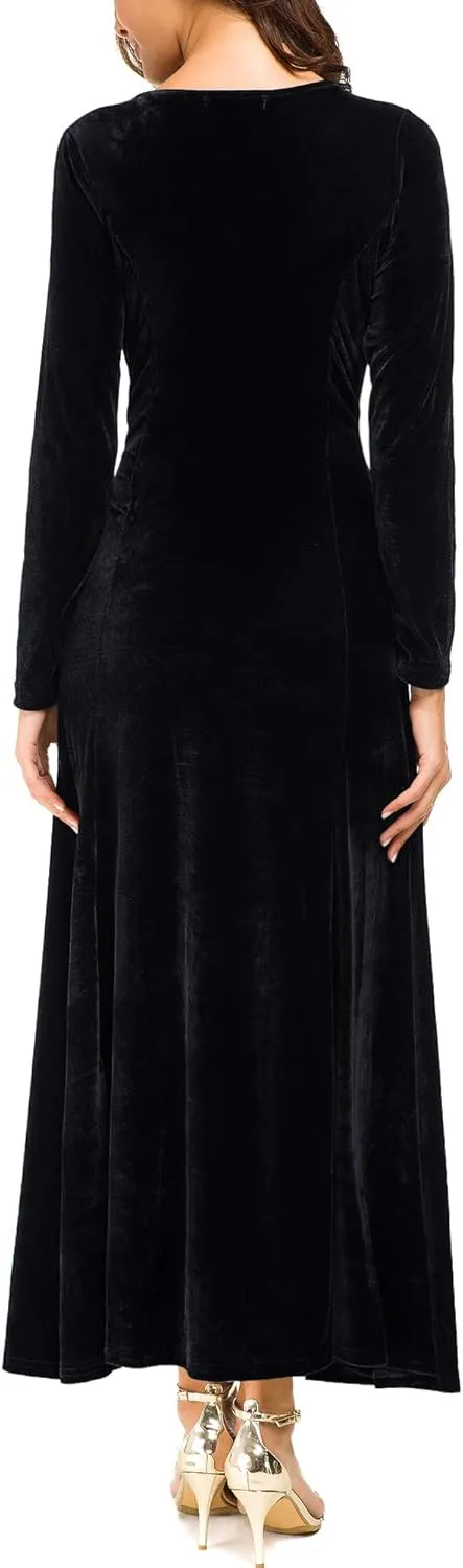 Urban CoCo Women's Elegant Long Sleeve Ruched Velvet Stretchy Long Dress