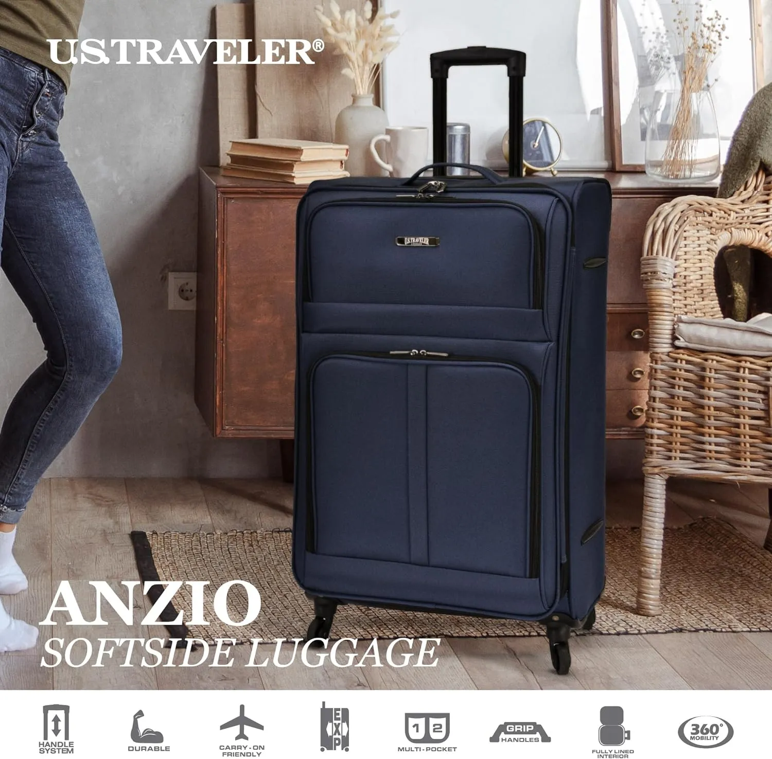 U.S. Traveler Anzio Softside Expandable Spinner Luggage, Navy, 2-Piece Set (22/30)