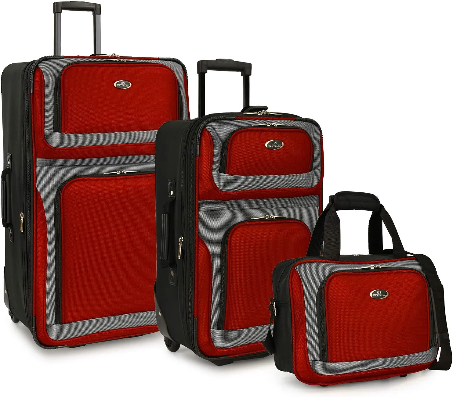 U.S. Traveler New Yorker Lightweight Softside Expandable Travel Rolling Luggage, Red Dobby, 3-Piece Set (15/21/25)