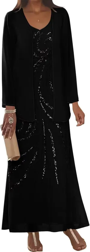 UZN 2 Pieces Chiffon Mother of The Bride Dresses 2025 with Jacket Sequin Chiffon Long Sleeve Formal Gowns