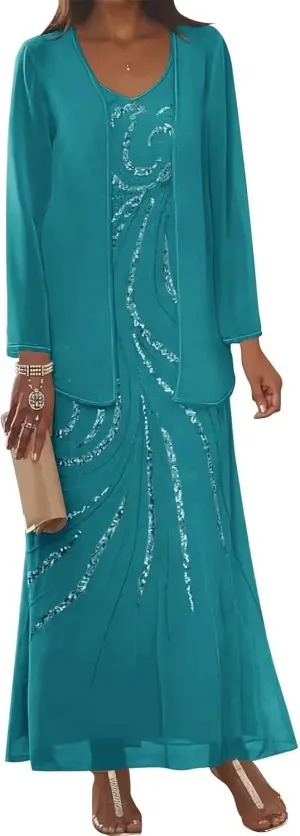 UZN 2 Pieces Chiffon Mother of The Bride Dresses 2025 with Jacket Sequin Chiffon Long Sleeve Formal Gowns