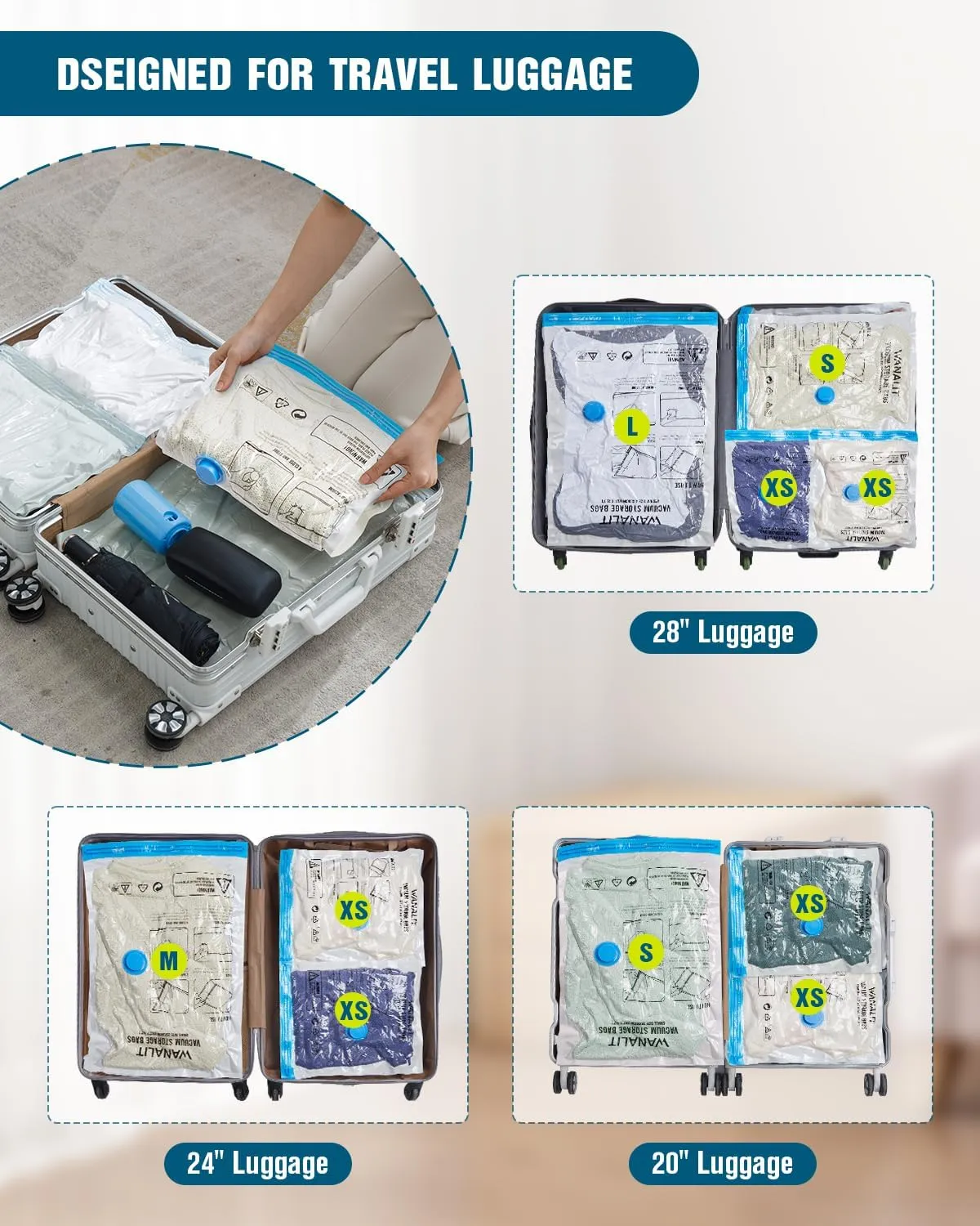 Vacuum Storage Bags for Travel, 8 Pack (4S 4XS) Vacuum Seal Bags with Wireless Rechargeable Electric Pump, Travel Essentials Space Saving Bag for Clothes, Luggage, Carry-on Suitcase, Backpack, Trip