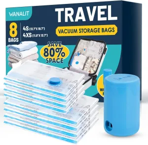 Vacuum Storage Bags for Travel, 8 Pack (4S 4XS) Vacuum Seal Bags with Wireless Rechargeable Electric Pump, Travel Essentials Space Saving Bag for Clothes, Luggage, Carry-on Suitcase, Backpack, Trip