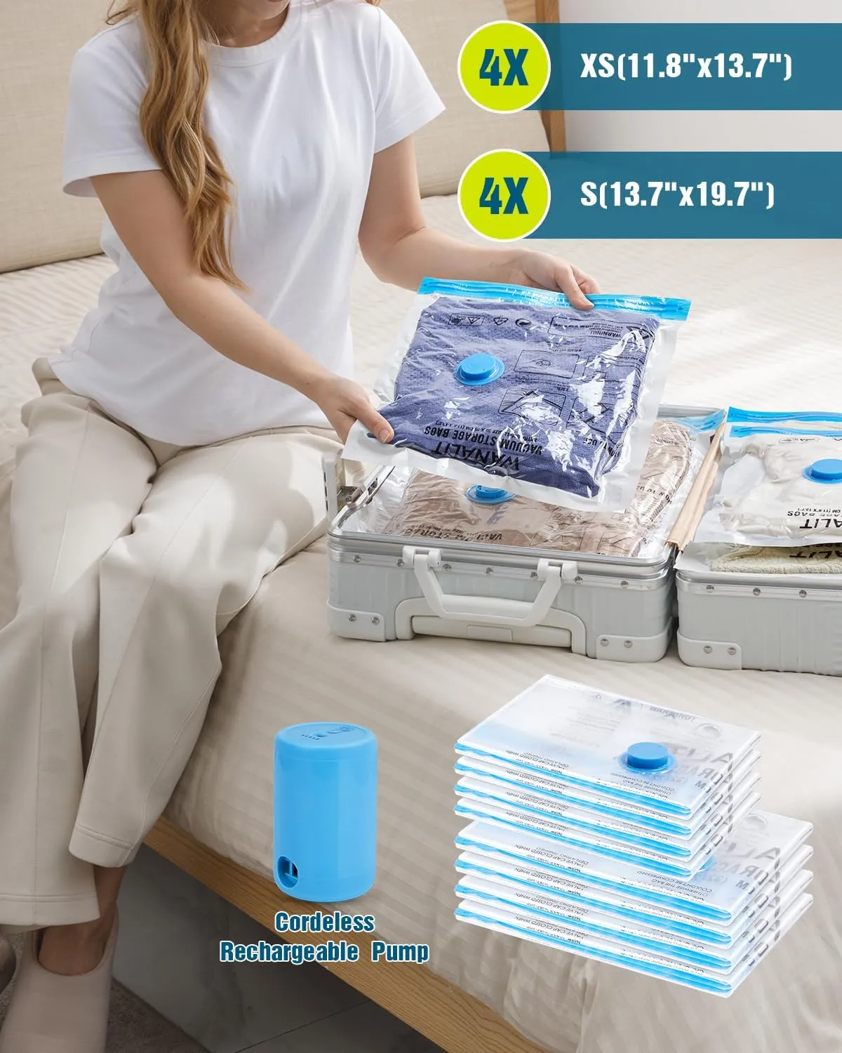 Vacuum Storage Bags for Travel, 8 Pack (4S 4XS) Vacuum Seal Bags with Wireless Rechargeable Electric Pump, Travel Essentials Space Saving Bag for Clothes, Luggage, Carry-on Suitcase, Backpack, Trip