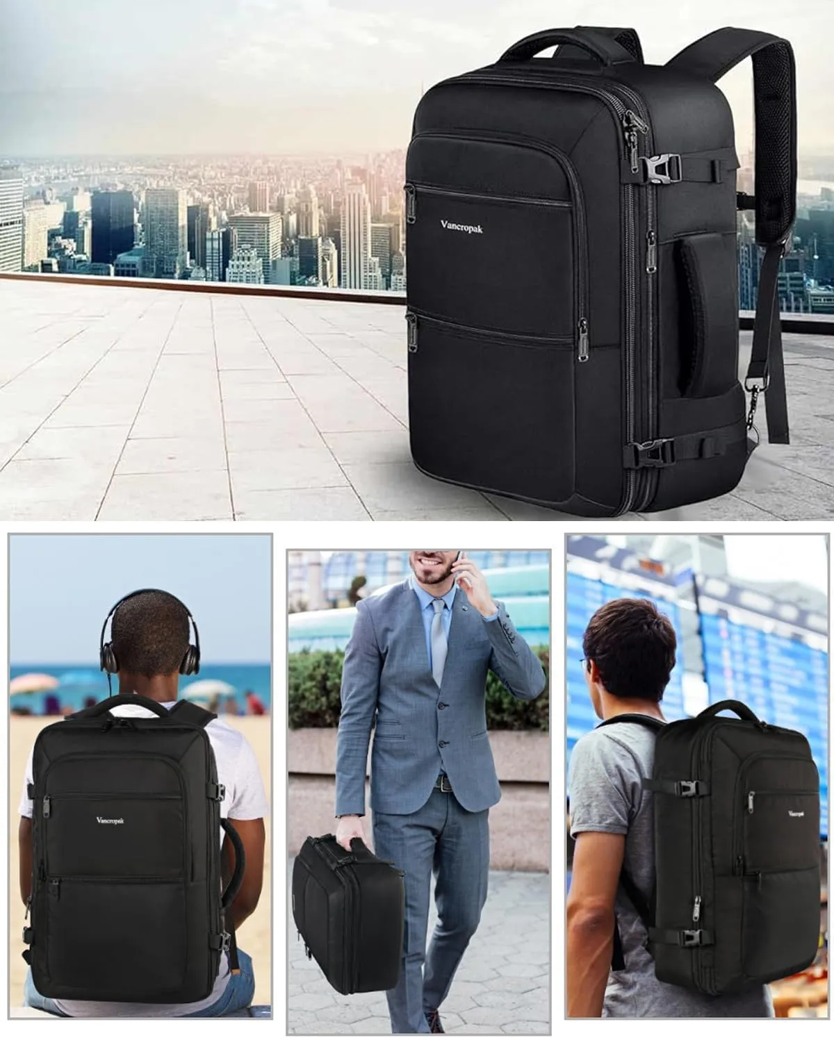 Vancropak Carry On Backpack, 40L Expandable Extra Large Travel Backpack, Flight Approved Water Resistant Luggage Suitcase Daypack, Lightweight College Business Weekender Bag for Men & Women, Black
