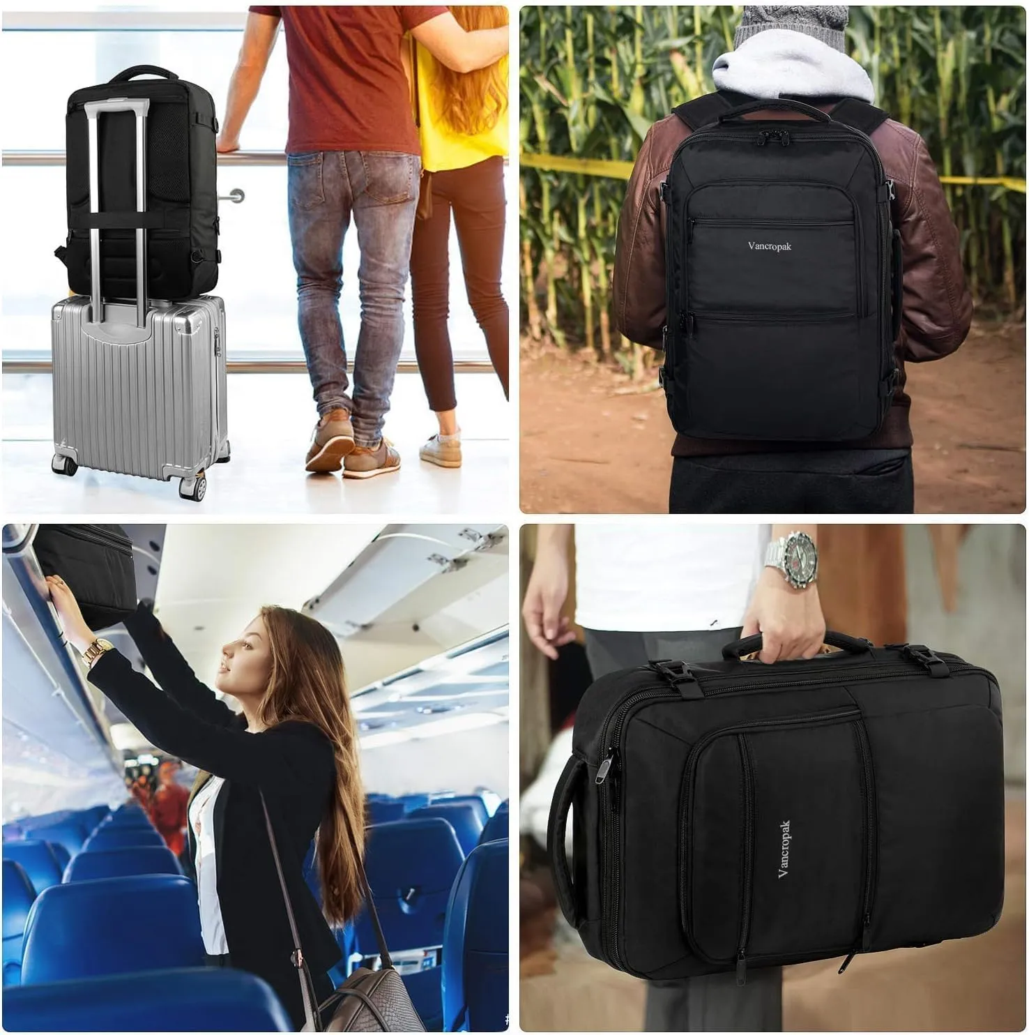 Vancropak Carry On Backpack, 40L Expandable Extra Large Travel Backpack, Flight Approved Water Resistant Luggage Suitcase Daypack, Lightweight College Business Weekender Bag for Men & Women, Black