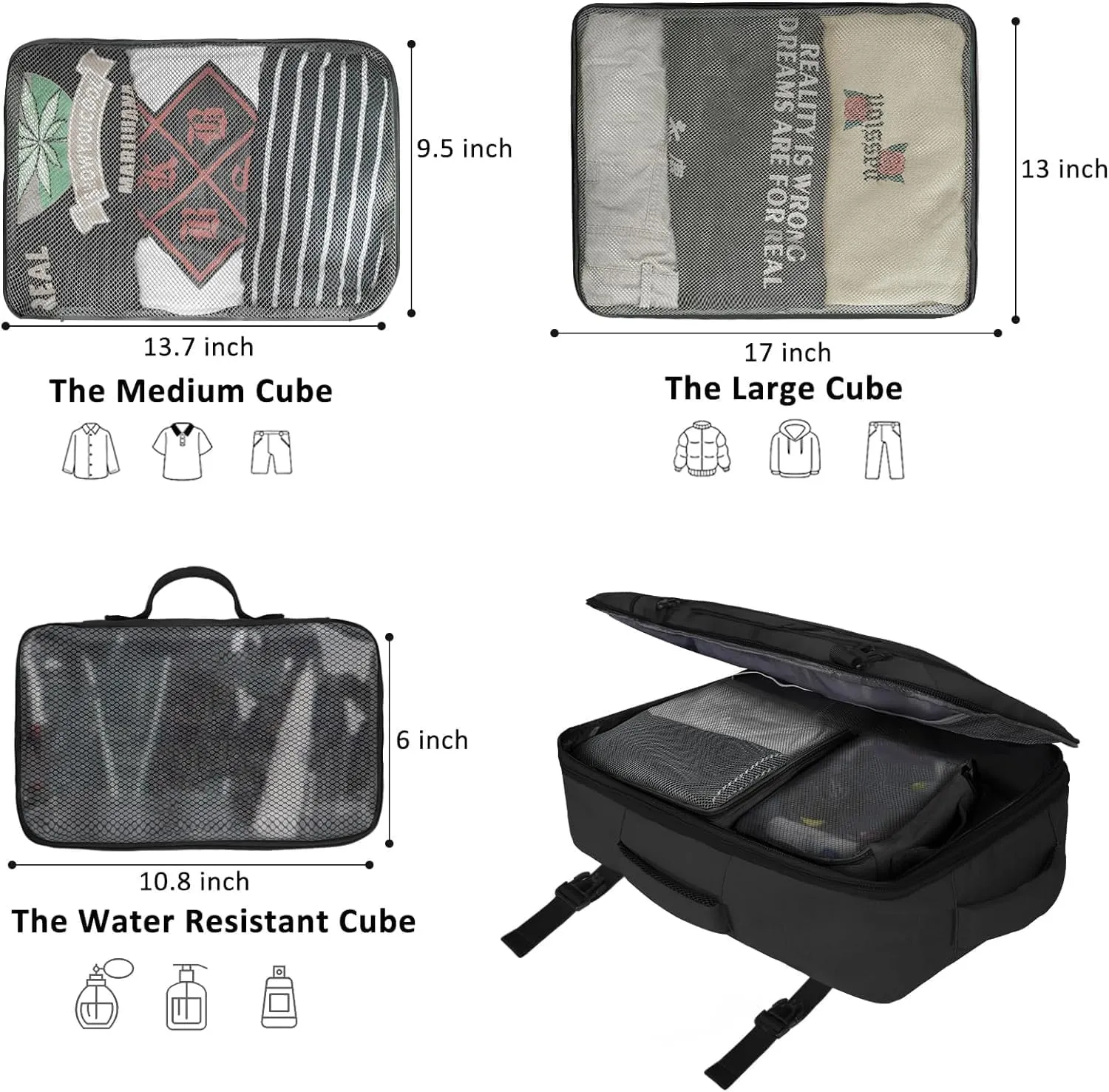Vancropak Travel Bag, Extra Large 40L Carry on Backpack with 3 Packing Cubes Airline Approved for Men Women, Expandable Luggage Weekender Overnight Business Backpack, Gifts for Travelers, Black