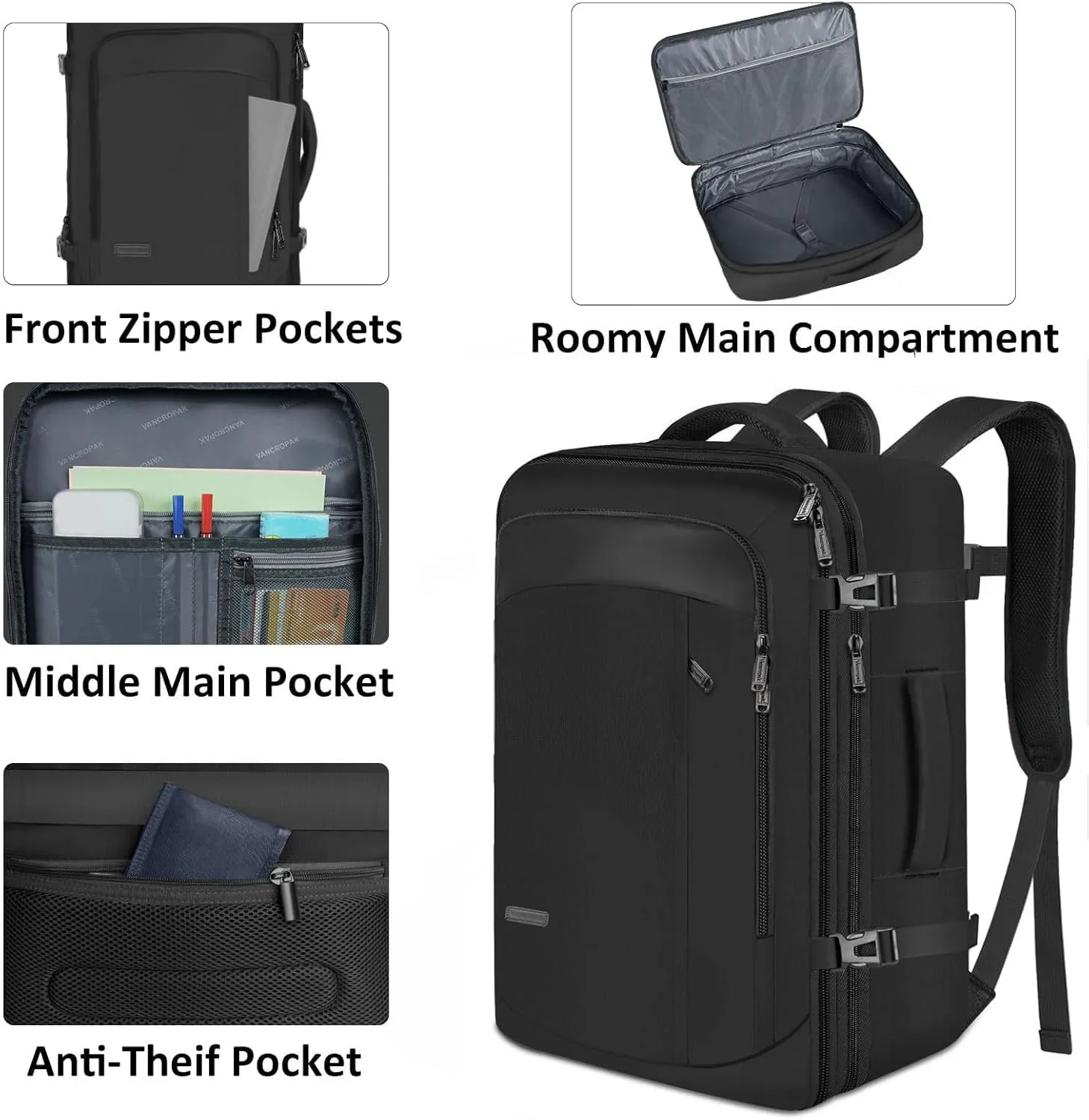 Vancropak Travel Bag, Extra Large 40L Carry on Backpack with 3 Packing Cubes Airline Approved for Men Women, Expandable Luggage Weekender Overnight Business Backpack, Gifts for Travelers, Black