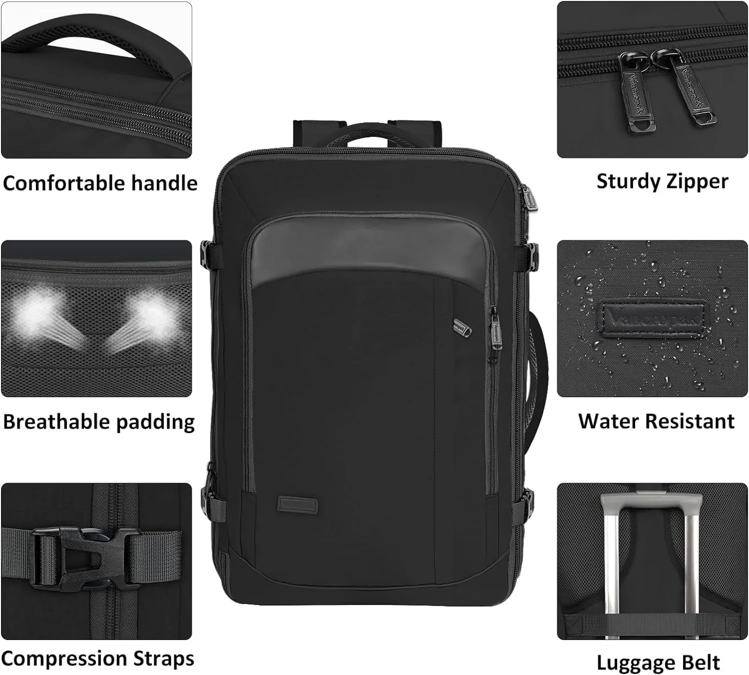 Vancropak Travel Bag, Extra Large 40L Carry on Backpack with 3 Packing Cubes Airline Approved for Men Women, Expandable Luggage Weekender Overnight Business Backpack, Gifts for Travelers, Black