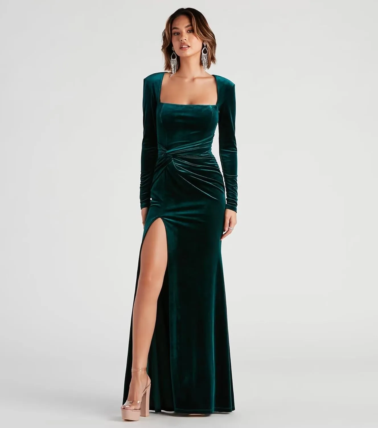 Velvet Long Sleeve Bridesmaid Dresses for Women 2024 Ruched Long Formal Evening Cocktail Gown with Slit
