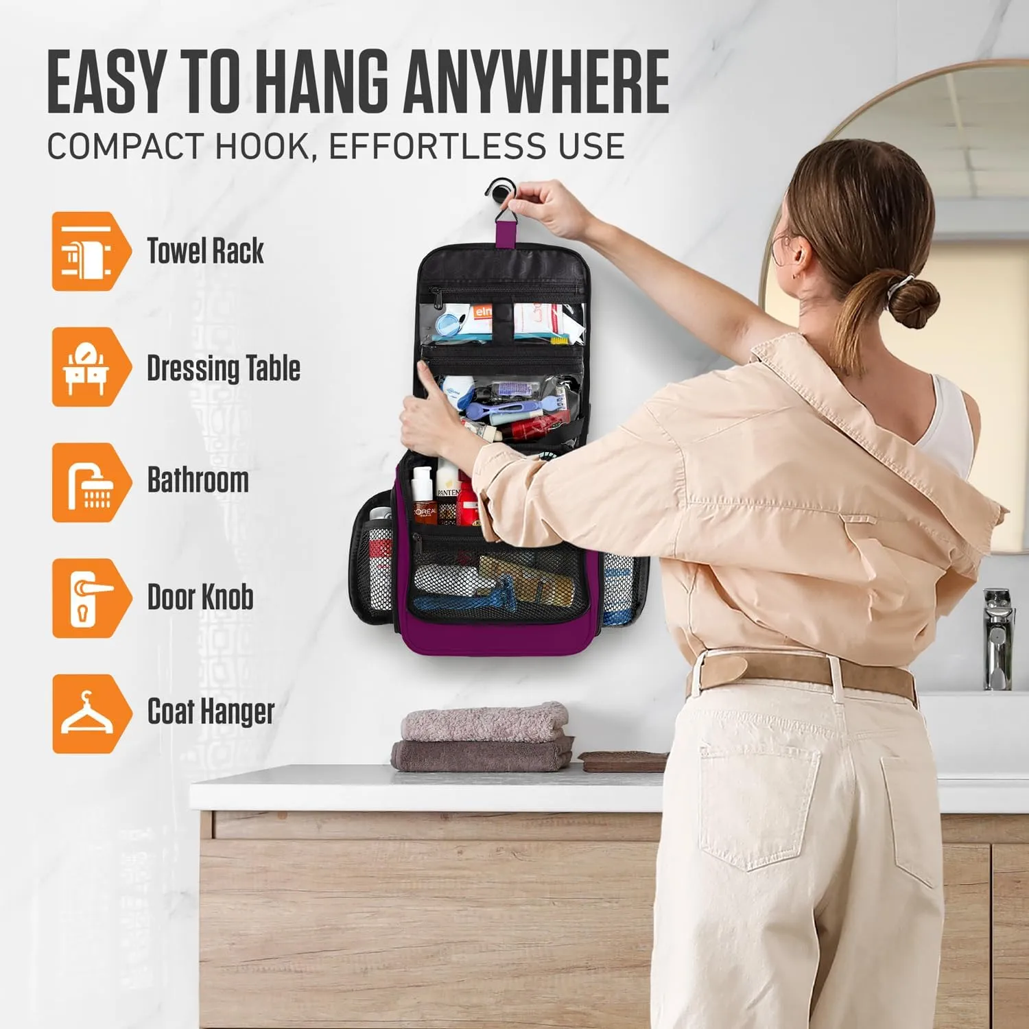 VENTURE 4TH Hanging Travel Toiletry Bag for Women & Men - Travel Organizer with Expandable Compartments & Removable Clear Pouch for Toiletries (Purple)