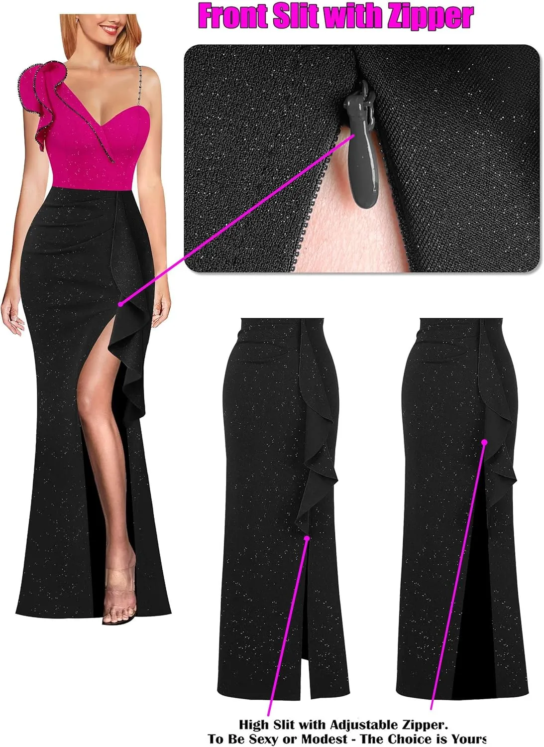 VFSHOW Womens Formal Prom Elegant Ruffle One Shoulder Beaded Strap Ruched Slit Maxi Dress Wedding Evening Long Gown
