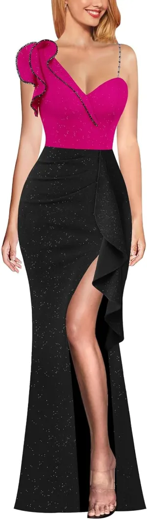 VFSHOW Womens Formal Prom Elegant Ruffle One Shoulder Beaded Strap Ruched Slit Maxi Dress Wedding Evening Long Gown
