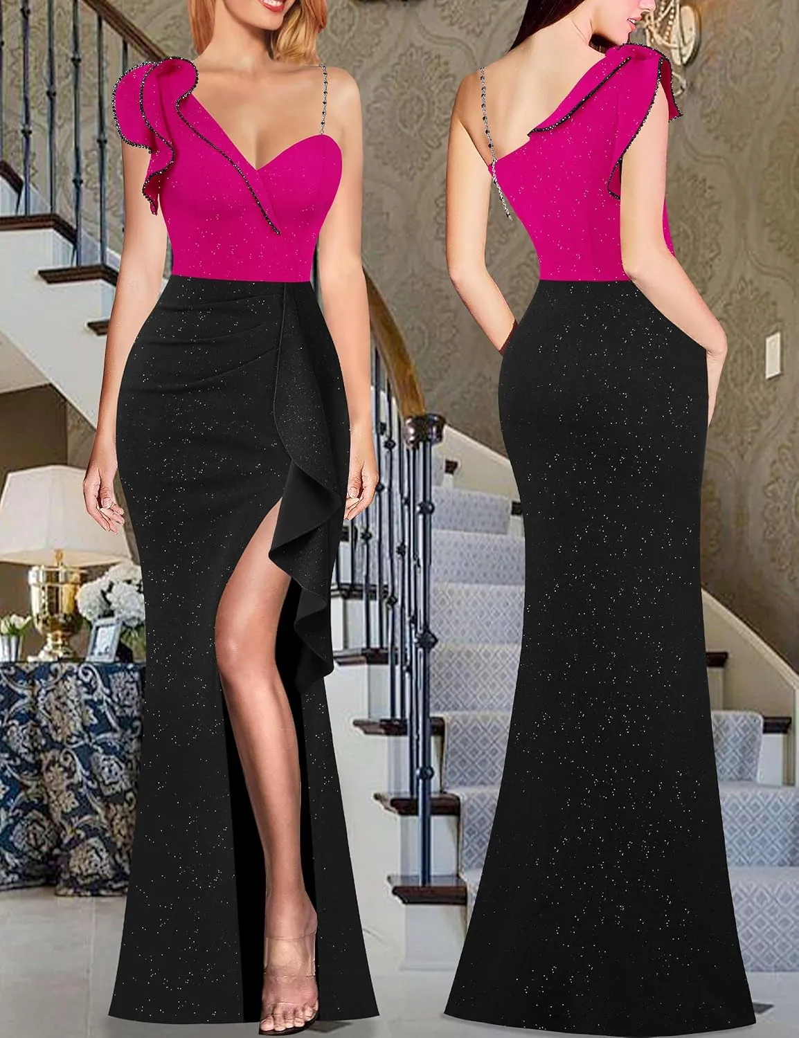 VFSHOW Womens Formal Prom Elegant Ruffle One Shoulder Beaded Strap Ruched Slit Maxi Dress Wedding Evening Long Gown