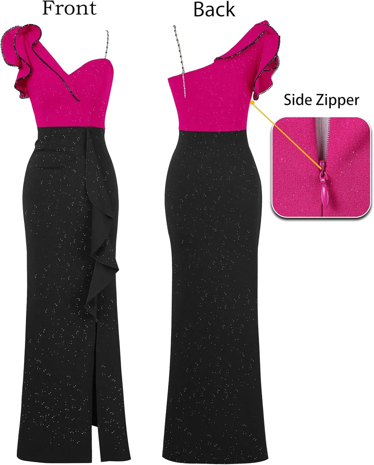 VFSHOW Womens Formal Prom Elegant Ruffle One Shoulder Beaded Strap Ruched Slit Maxi Dress Wedding Evening Long Gown