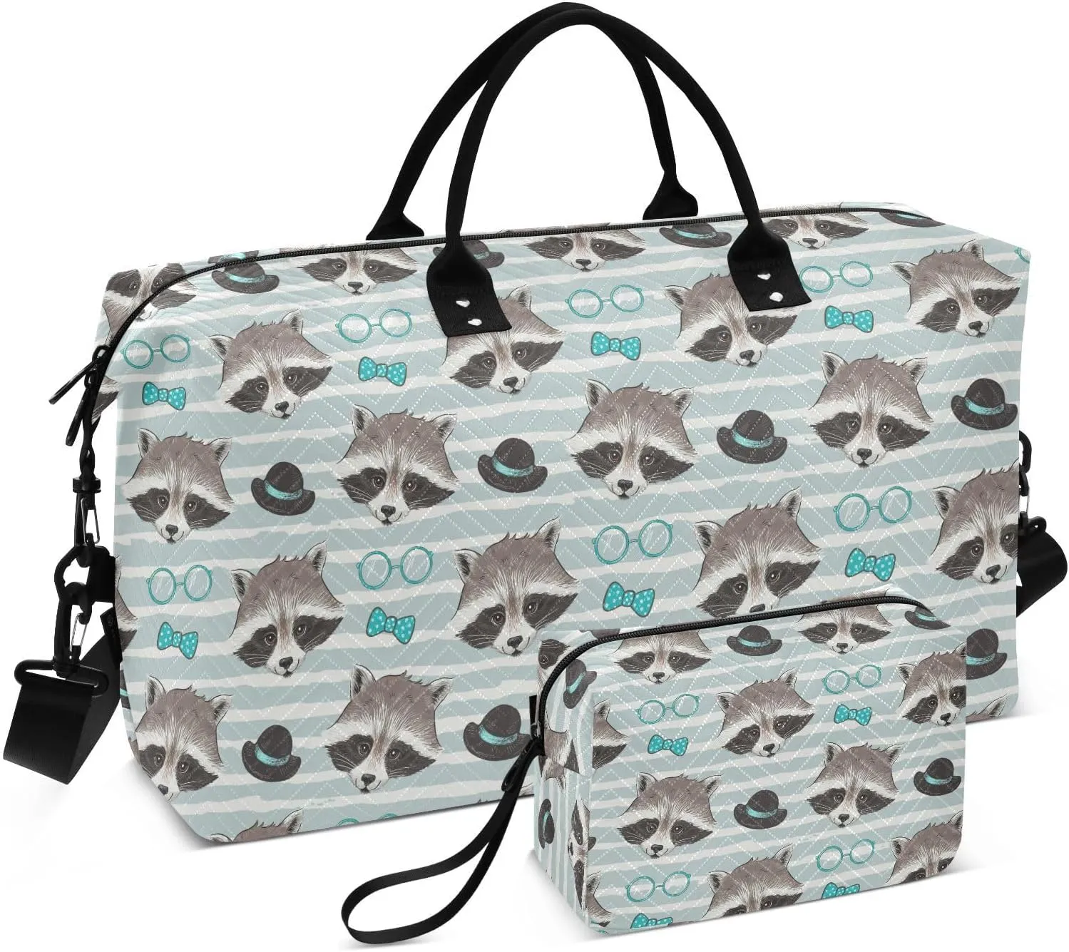 VIGTRO Travel Duffel Bag Weekender Overnight Bag with Toiletry Bag Fashionable Raccoon Printed, Carry On Luggage Bag for Hospital Gym Travel Business, 2 Pcs Set