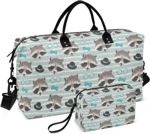 VIGTRO Travel Duffel Bag Weekender Overnight Bag with Toiletry Bag Fashionable Raccoon Printed, Carry On Luggage Bag for Hospital Gym Travel Business, 2 Pcs Set