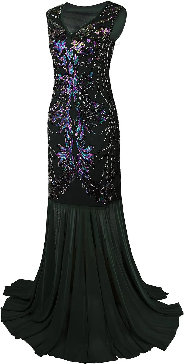 Vijiv 1920s Long Prom Dresses V Neck Beaded Sequin Gatsby Maxi Evening Dress
