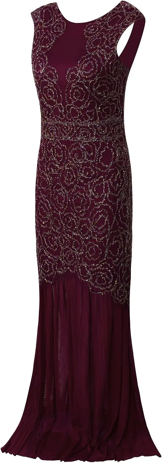 Vijiv 1920s Long Prom Dresses V Neck Beaded Sequin Gatsby Maxi Evening Dress