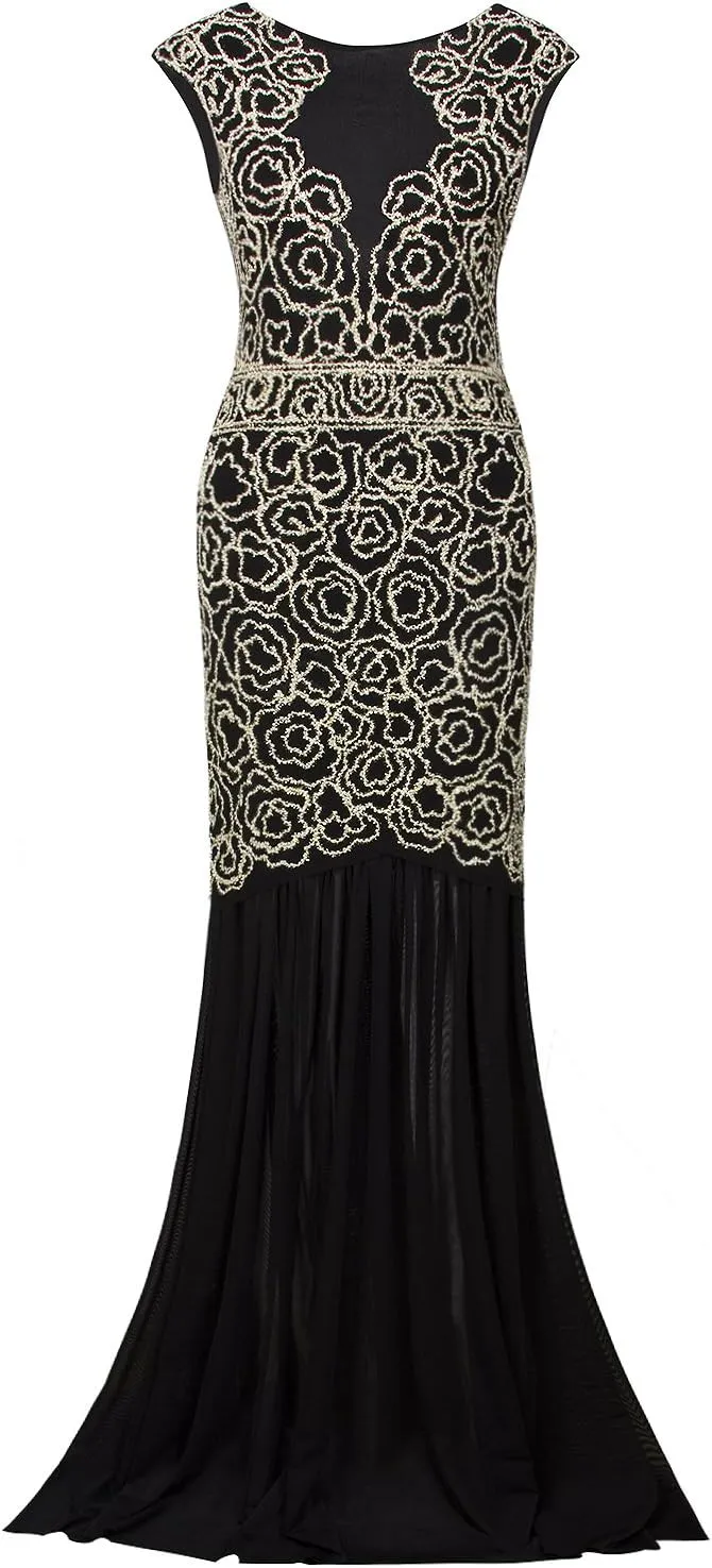 Vijiv 1920s Long Prom Dresses V Neck Beaded Sequin Gatsby Maxi Evening Dress