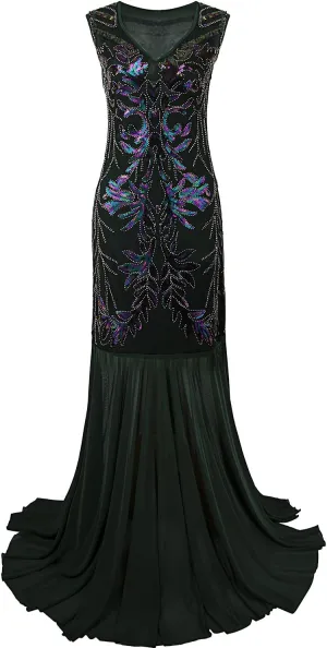 Vijiv 1920s Long Prom Dresses V Neck Beaded Sequin Gatsby Maxi Evening Dress