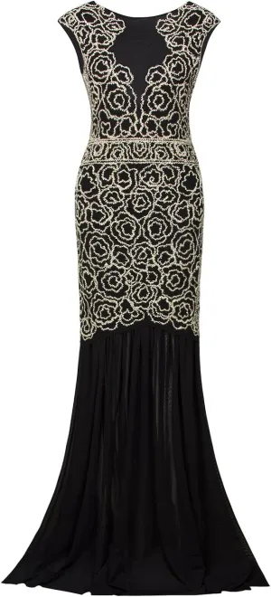 Vijiv 1920s Long Prom Dresses V Neck Beaded Sequin Gatsby Maxi Evening Dress