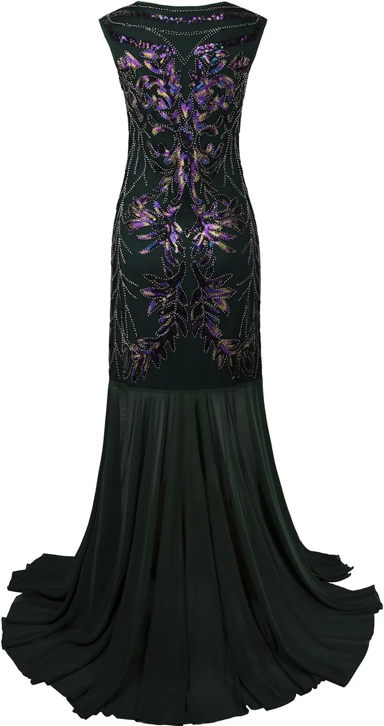 Vijiv 1920s Long Prom Dresses V Neck Beaded Sequin Gatsby Maxi Evening Dress