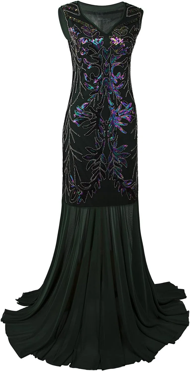 Vijiv 1920s Long Prom Dresses V Neck Beaded Sequin Gatsby Maxi Evening Dress