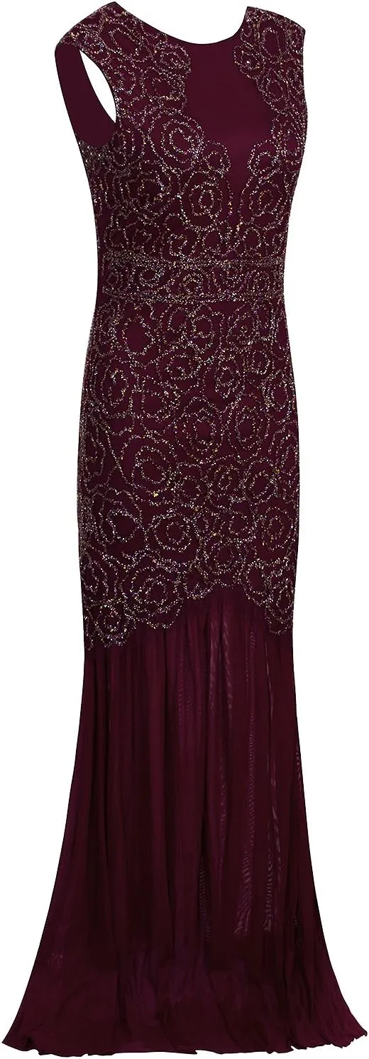 Vijiv 1920s Long Prom Dresses V Neck Beaded Sequin Gatsby Maxi Evening Dress