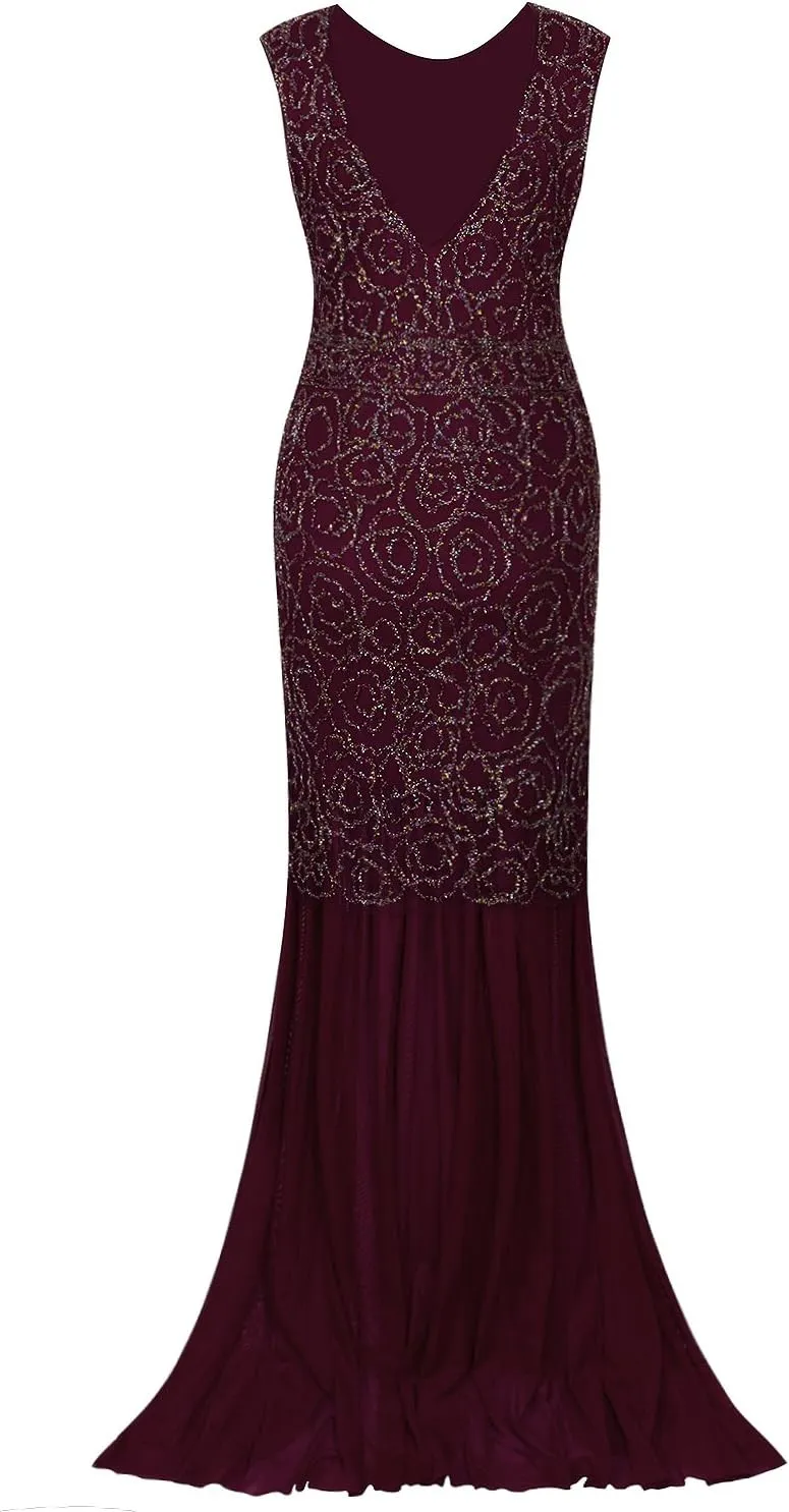 Vijiv 1920s Long Prom Dresses V Neck Beaded Sequin Gatsby Maxi Evening Dress