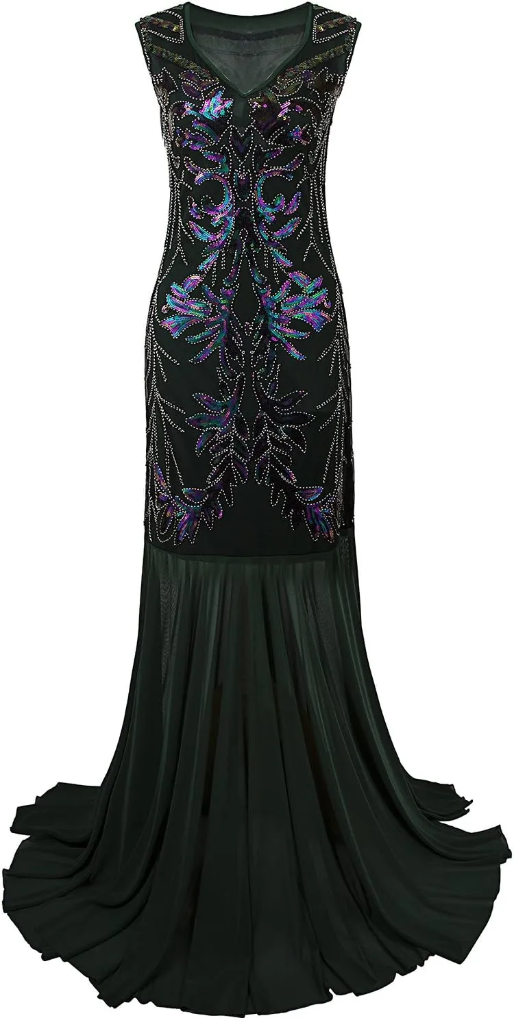 Vijiv 1920s Long Prom Dresses V Neck Beaded Sequin Gatsby Maxi Evening Dress