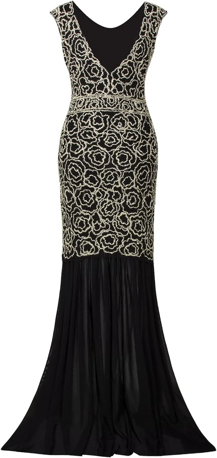 Vijiv 1920s Long Prom Dresses V Neck Beaded Sequin Gatsby Maxi Evening Dress