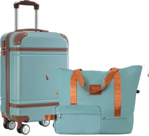 Vintage Hardshell Luggage Set: 20" ABS Carry-On Suitcase with TSA Lock - Double Spinner Wheels & Travel Duffel Bag - Green for Business Travelers & Vacationers