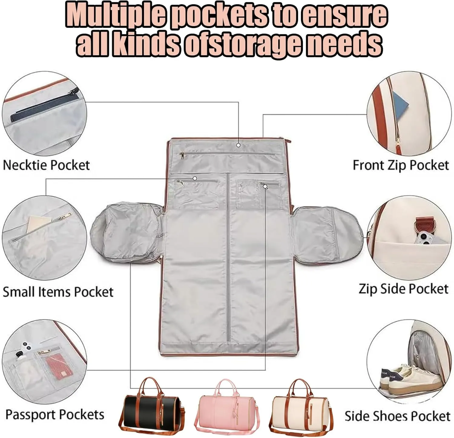 Viralhuntz Foldable Travel Bag, 2-in-1 Garment and Duffle Bag, Water-Resistant, Carry-On Approved,Large Capacity Leather Waterproof Duffel Bag (Khaki)