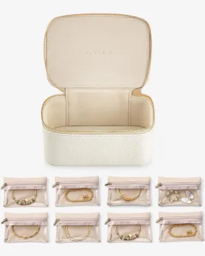 Vlando Travel Jewelry Organizer,PU Leather Jewelry Case Box for Travelers with 8 Pcs Claer Velvet Jewelry Bags Wedding Gifts for Women-White