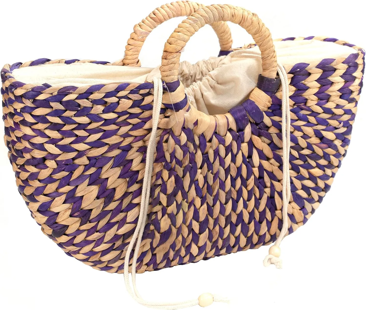 Water Hyacinth Hand Bag Women Stylish Bag With liner, drawstrings and Top Handle (Purple, Medium)