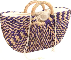 Water Hyacinth Hand Bag Women Stylish Bag With liner, drawstrings and Top Handle (Purple, Medium)