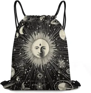 Water Resistant Sports String Bags for Women and Men Storage, Unisex-Adult Drawstring Backpack for Shopping, Travel (Vintage Sun And Moon Star Trail Art (1))