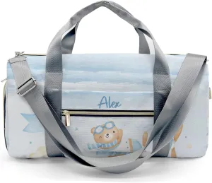 Watercolor Bear Blue Airplane Personalized Duffel Bag,Custom Travel Gym Bag with Name,Waterproof Sports Overnight Bag with Shoe Compartment & Shoulder Strap