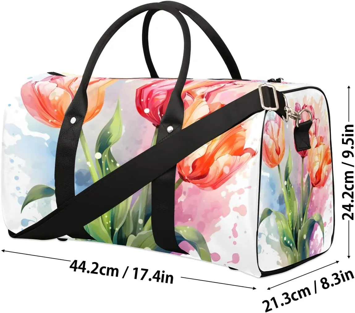 Watercolor Tulip Travel Duffel Bag for Women Men Waterproof Foldable Overnight Weekender Bag Large Capacity Sports Gym Bag