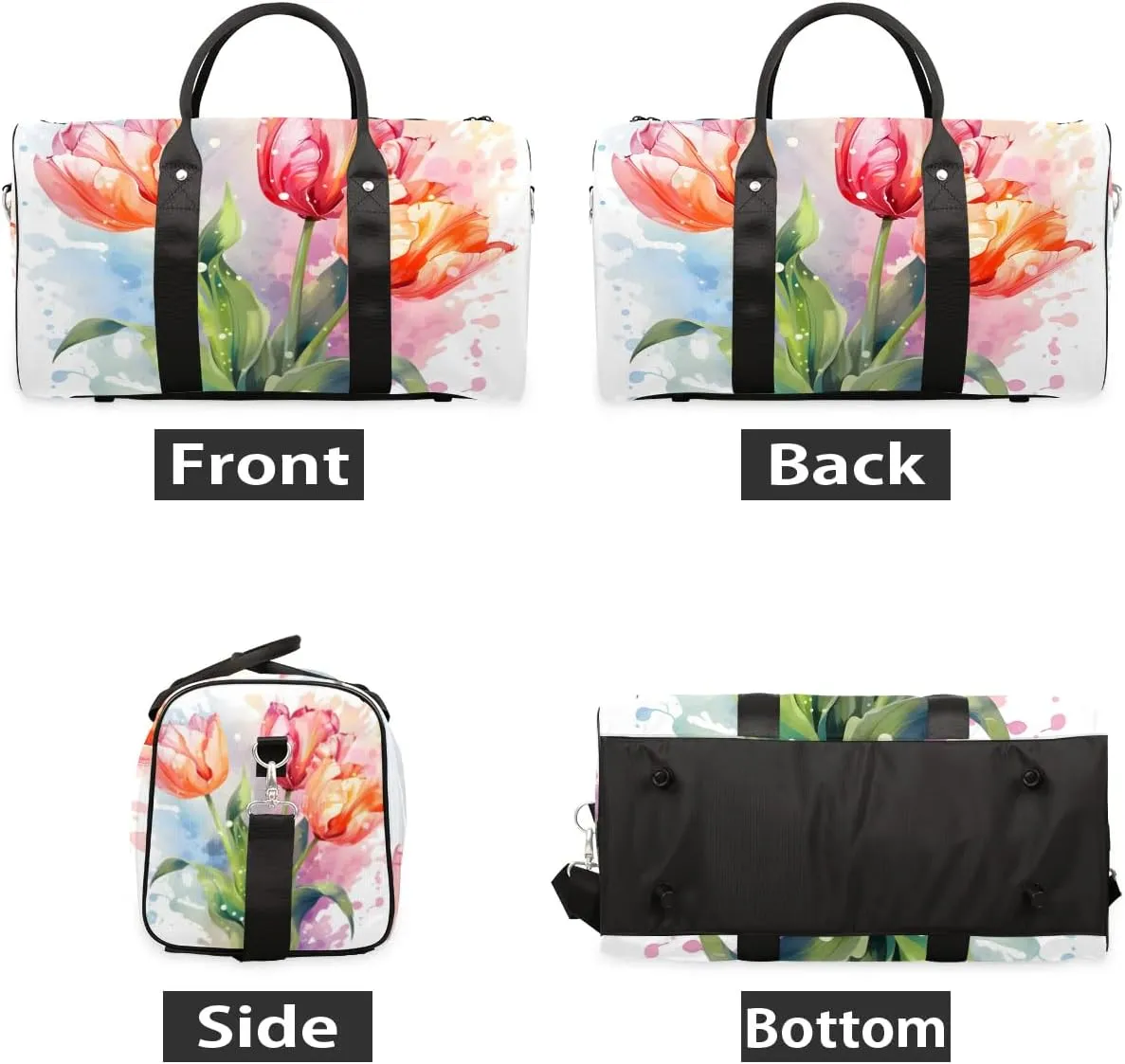 Watercolor Tulip Travel Duffel Bag for Women Men Waterproof Foldable Overnight Weekender Bag Large Capacity Sports Gym Bag