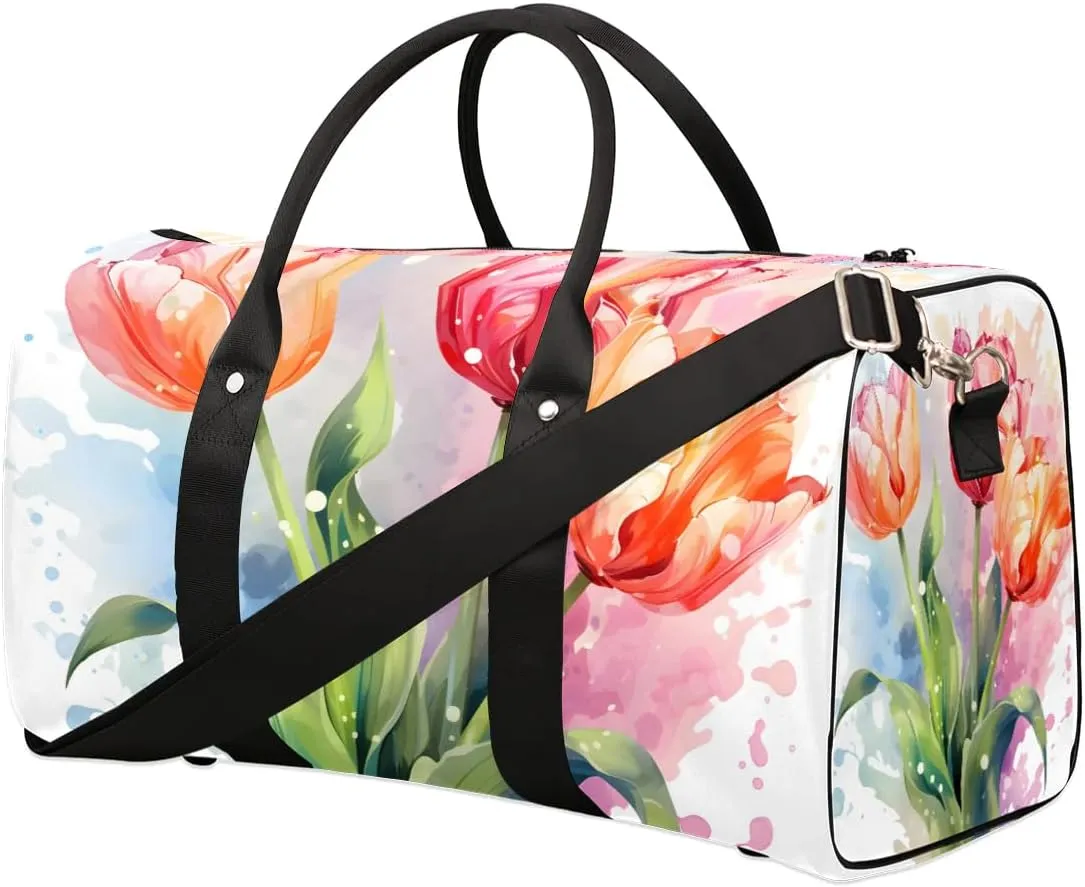 Watercolor Tulip Travel Duffel Bag for Women Men Waterproof Foldable Overnight Weekender Bag Large Capacity Sports Gym Bag