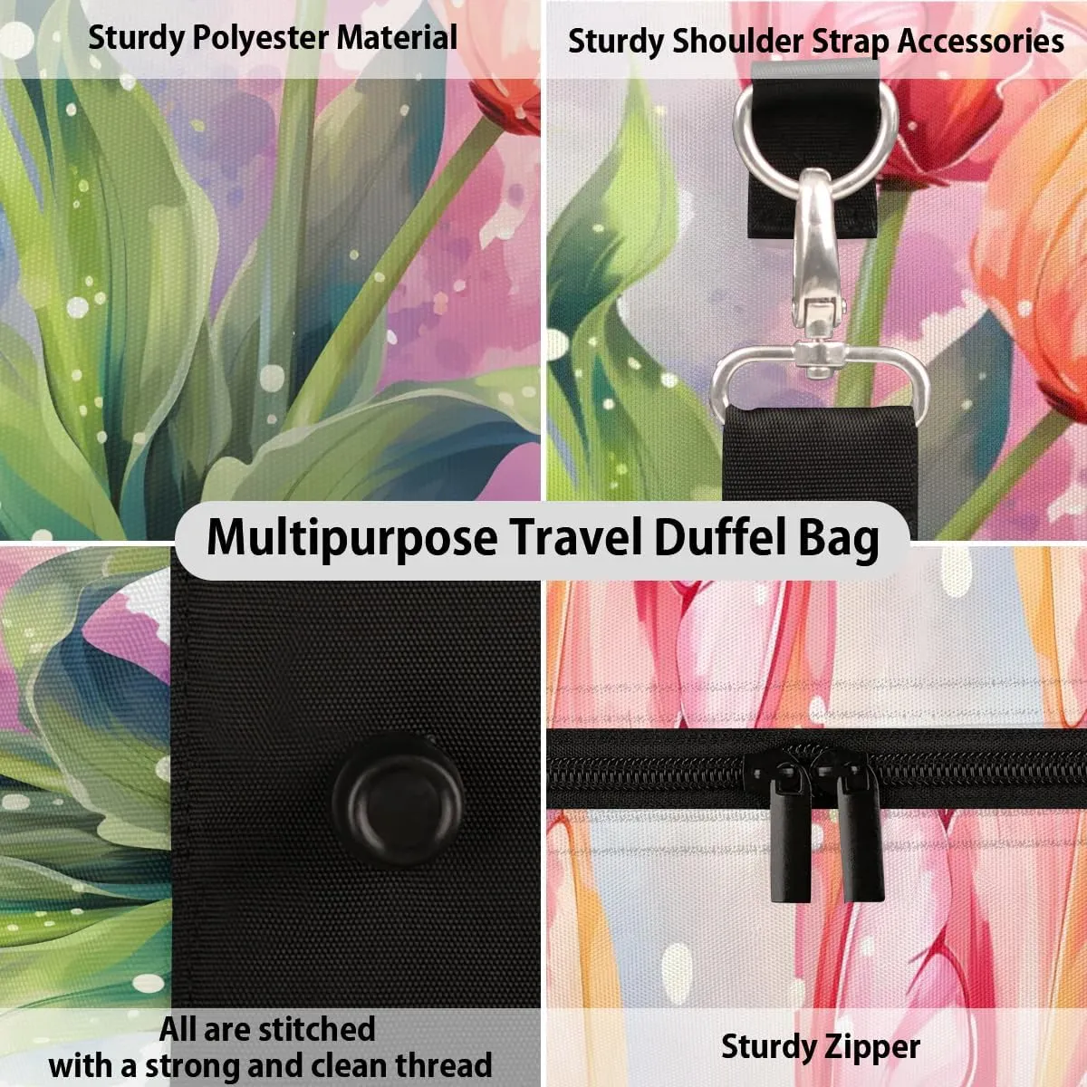 Watercolor Tulip Travel Duffel Bag for Women Men Waterproof Foldable Overnight Weekender Bag Large Capacity Sports Gym Bag