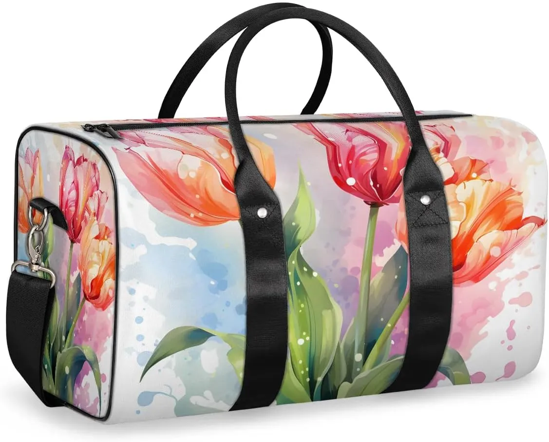 Watercolor Tulip Travel Duffel Bag for Women Men Waterproof Foldable Overnight Weekender Bag Large Capacity Sports Gym Bag
