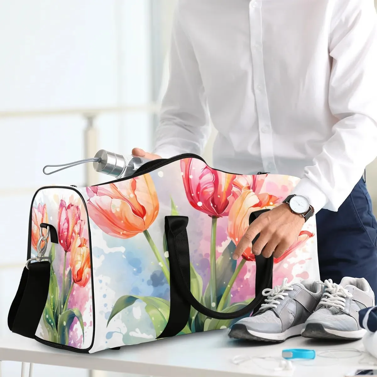 Watercolor Tulip Travel Duffel Bag for Women Men Waterproof Foldable Overnight Weekender Bag Large Capacity Sports Gym Bag